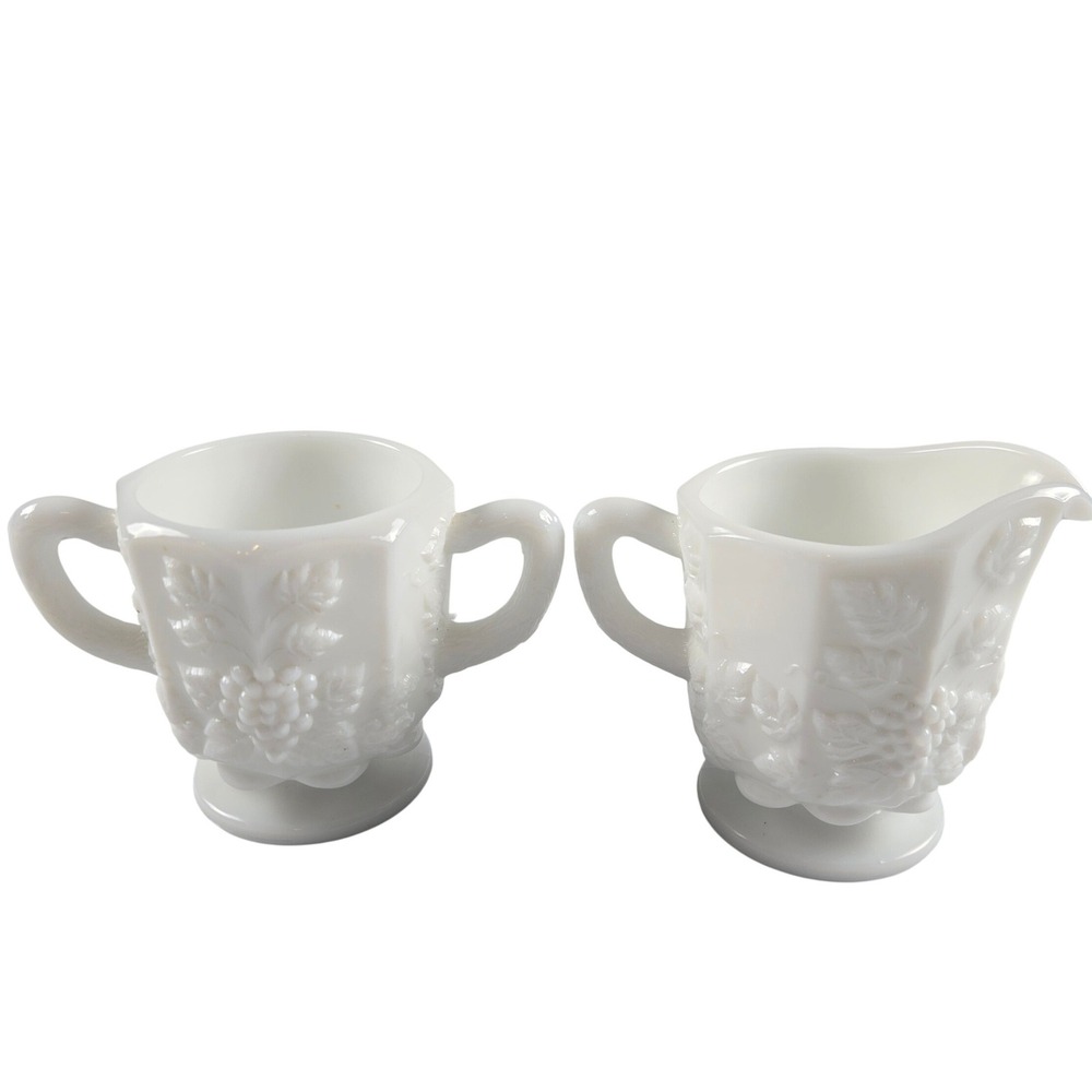 Vintage Westmoreland Milk Glass Paneled Grape Creamer & Sugar Bowl Set